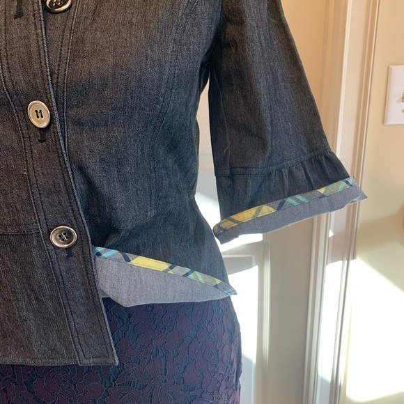 Sandro ruffled jean jacket with 3/4 length sleeve silver tone buttons size S - Picture 4 of 8